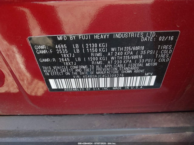 Subaru 2.5l u5 2016 4S4BSAJC4G3308276 Image 9