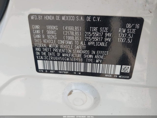 3CZRU6H56GM768498 Honda r18z9