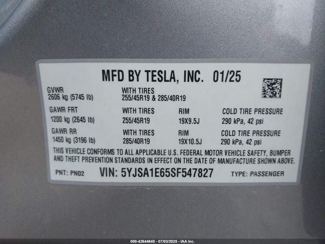 2025 TESLA MODEL S 5YJSA1E65SF547827 Photo 8