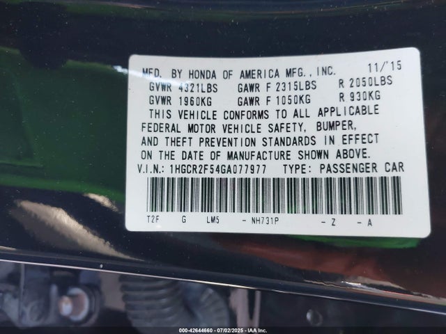 1HGCR2F54GA077977 Honda k24w1