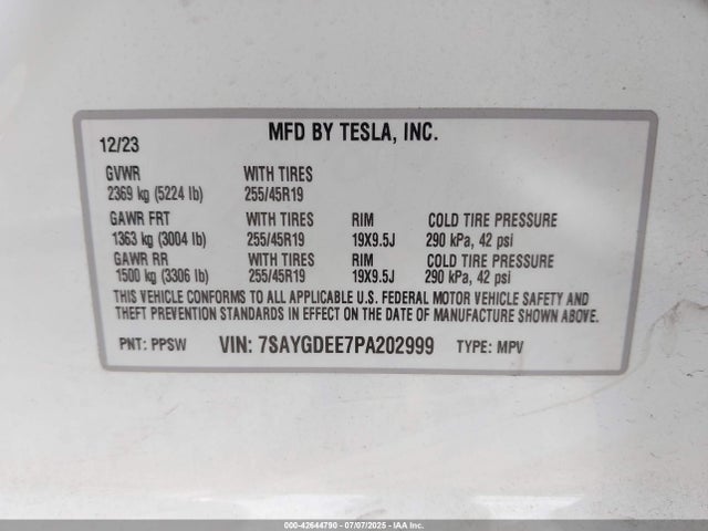 7SAYGDEE7PA202999 Tesla Model Y