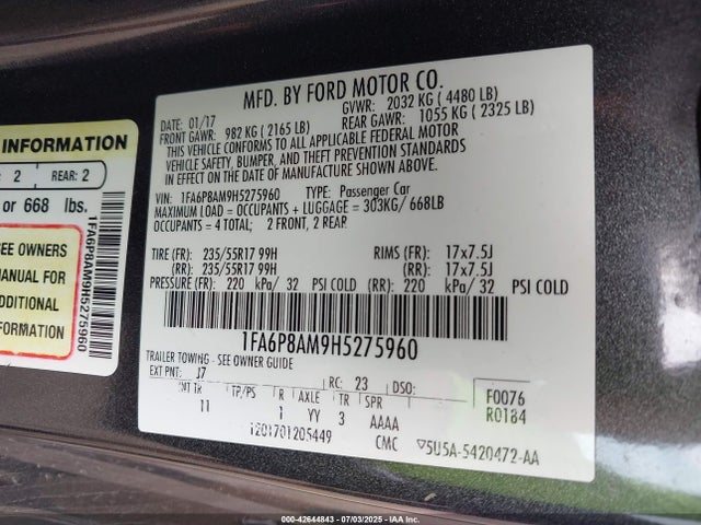Ford 3.7l 4v 2017 1FA6P8AM9H5275960 Image 9