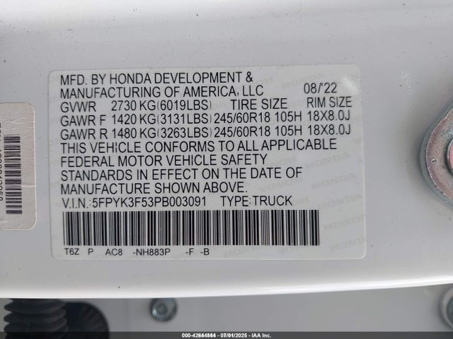 42644864 :رقم المزاد ، 5FPYK3F53PB003091 vin ، 2023 Honda Ridgeline Rtl مزاد بيع