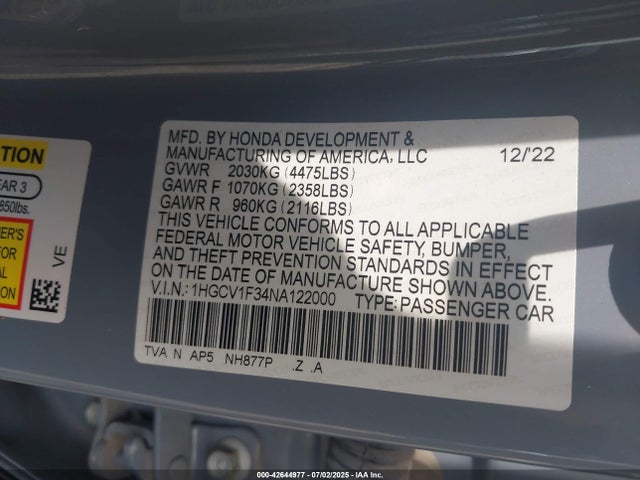 Honda l15be 2022 1HGCV1F34NA122000 Image 9
