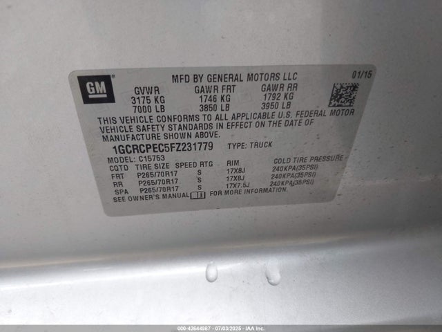 Chevrolet l83 - vvt, active fuel management, aluminum 2015 1GCRCPEC5FZ231779 Image 9