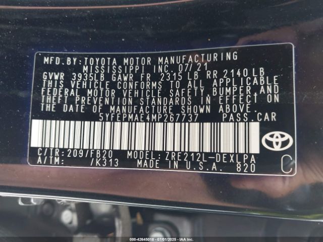 2021 TOYOTA COROLLA 5YFEPMAE4MP267737 Photo 8