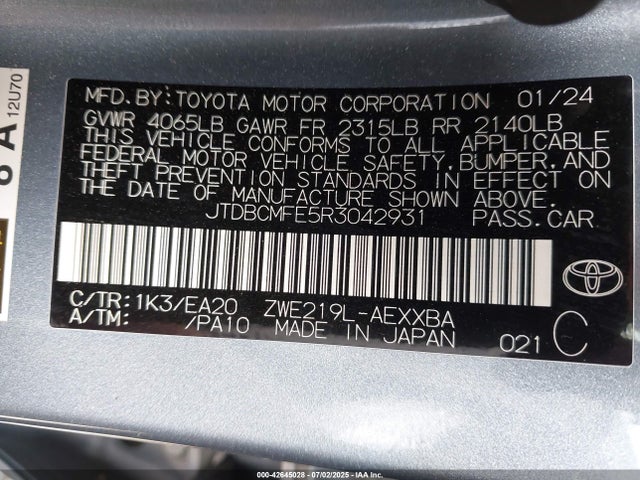 JTDBCMFE5R3042931 Toyota 2zr-fxe