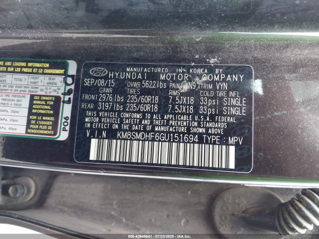KM8SMDHF6GU151694 Hyundai gdi lambda ii