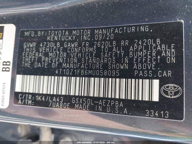 4T1DZ1FB6MU058095 Toyota 2gr-fks