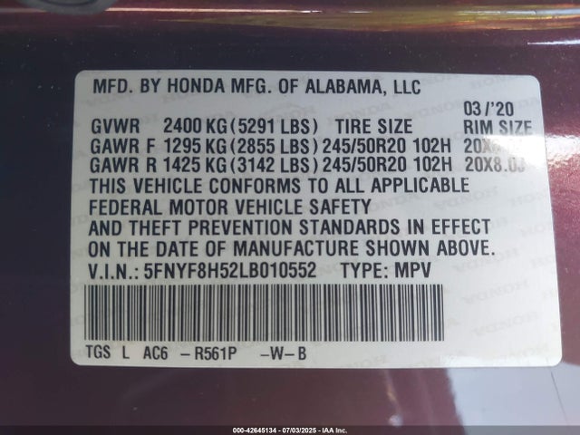 Honda j35y6 2020 5FNYF8H52LB010552 Image 9