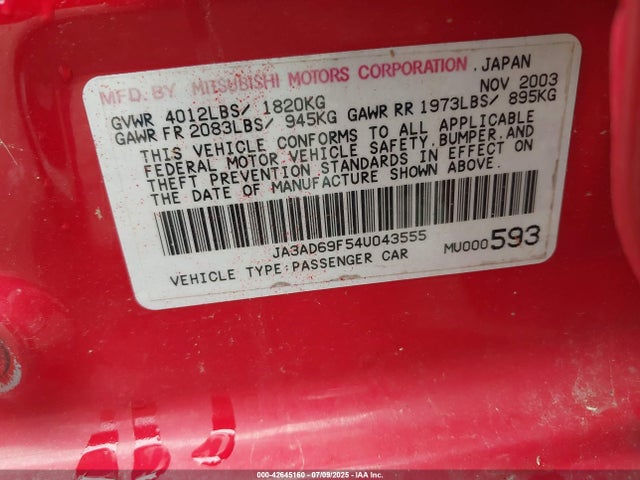 Aukcja sprzedaży 2004 Mitsubishi Lancer Sportback Ralliart, vin: JA3AD69F54U043555, numer aukcji: 42645160