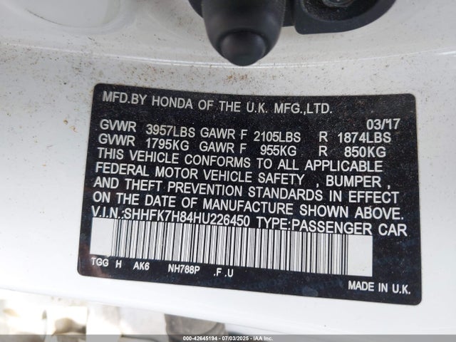 SHHFK7H84HU226450 Honda l15ba