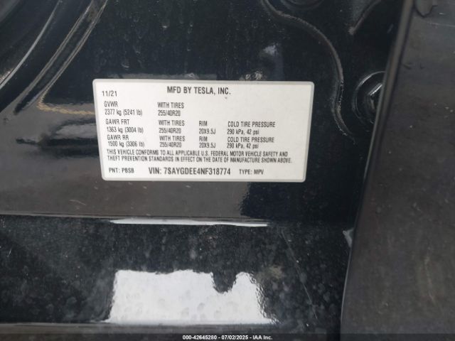 2022 TESLA MODEL Y 7SAYGDEE4NF318774 Photo 8