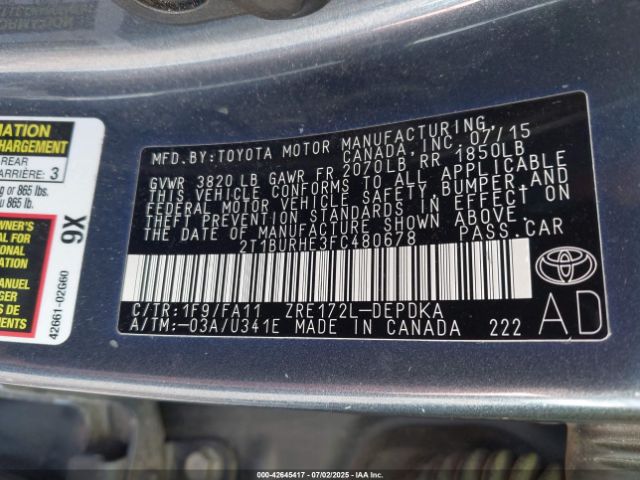 2015 TOYOTA COROLLA 2T1BURHE3FC480678 Photo 8