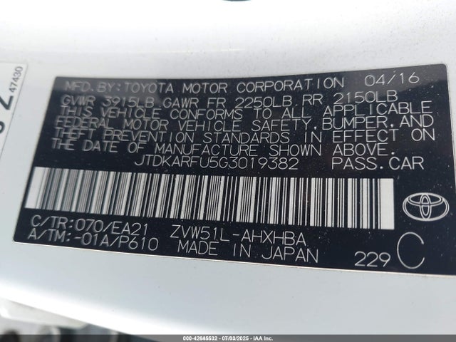 JTDKARFU5G3019382 Toyota 2zr-fxe,1nm