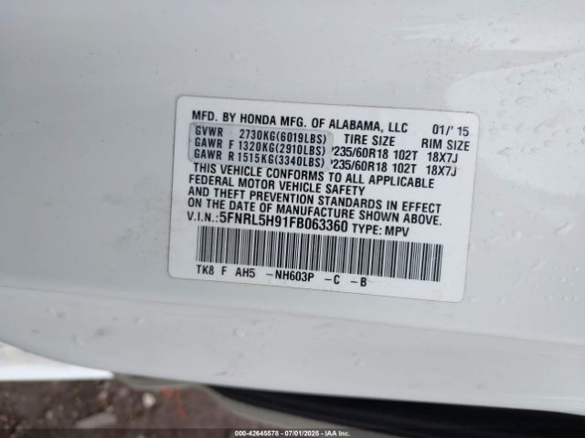 2015 HONDA ODYSSEY 5FNRL5H91FB063360 Photo 8