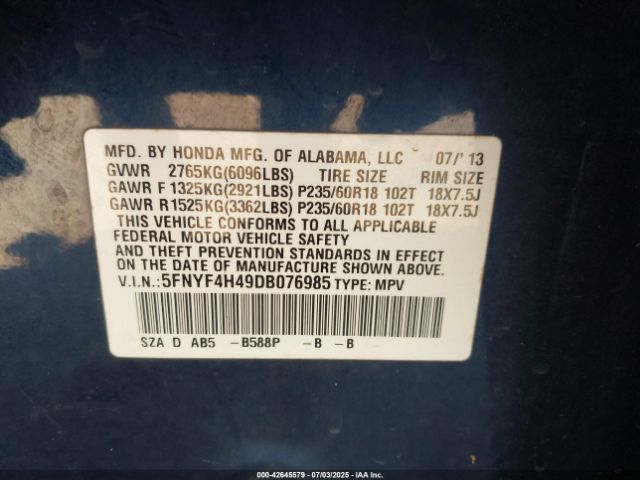 2013 HONDA PILOT 5FNYF4H49DB076985 Photo 8