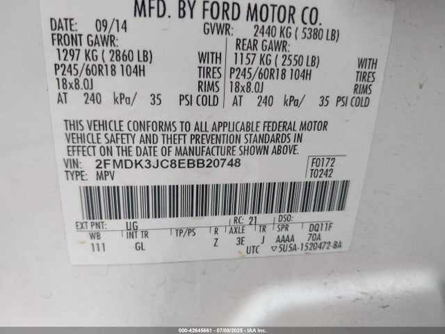 2FMDK3JC8EBB20748 Ford 2014