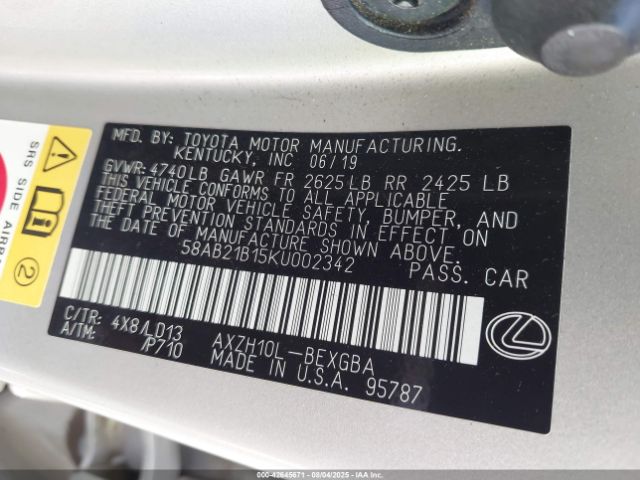 2019 LEXUS ES 300H 58AB21B15KU002342 Photo 8