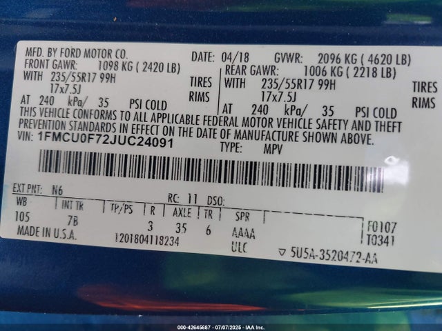 2018 FORD ESCAPE 1FMCU0F72JUC24091 Photo 8