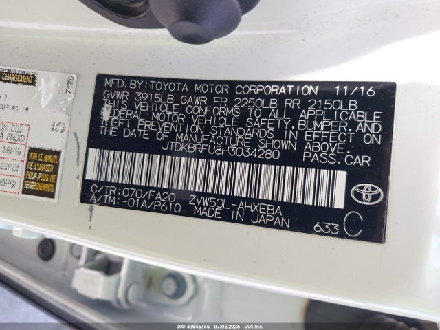 JTDKBRFU8H3034280 Toyota 2zr-fxe,1nm