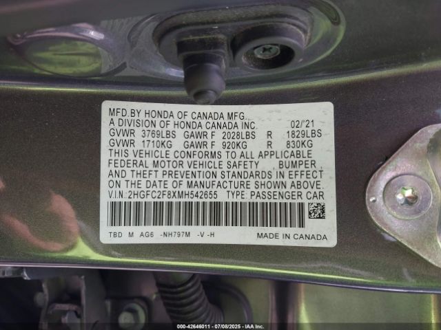 2021 HONDA CIVIC 2HGFC2F8XMH542655 Photo 8