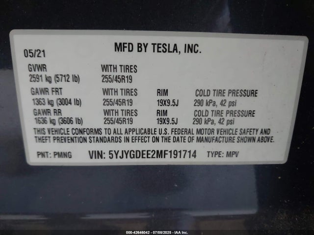 2021 TESLA MODEL Y 5YJYGDEE2MF191714 Photo 8