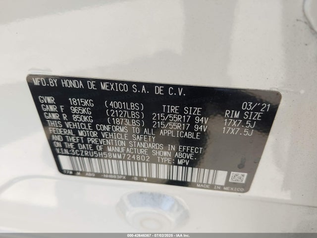 3CZRU5H58MM724802 Honda r18z9