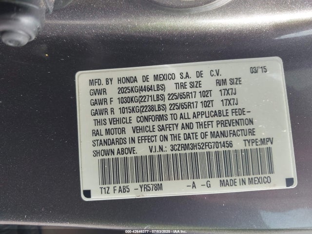 3CZRM3H52FG701456 Honda k24w9/k24v1