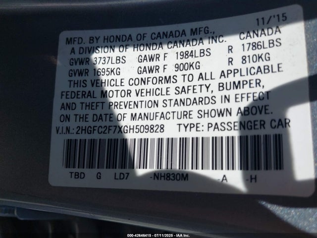 Honda k20c2 2016 2HGFC2F7XGH509828 Image 9