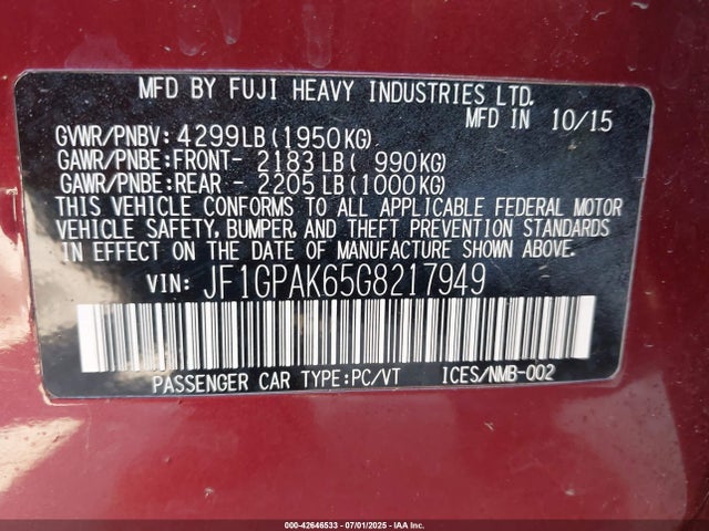 2016 Subaru Impreza 2.0i Limited მანქანა იყიდება აუქციონზე, vin: JF1GPAK65G8217949, აუქციონის ნომერი: 42646533