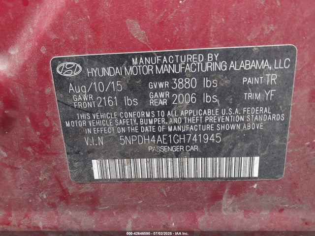 5NPDH4AE1GH741945 Hyundai dohc mpi nu