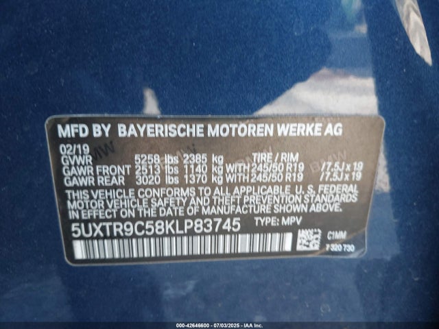 BMW X3 2019 5UXTR9C58KLP83745 Image 9