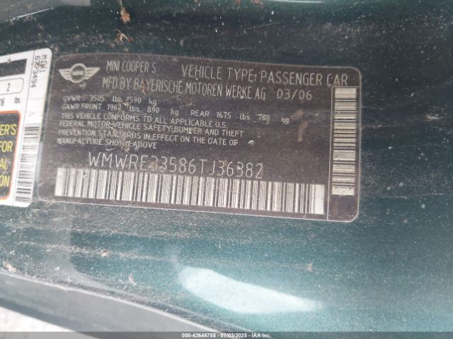 2006 MINI COOPER S WMWRE33586TJ36382 Photo 8