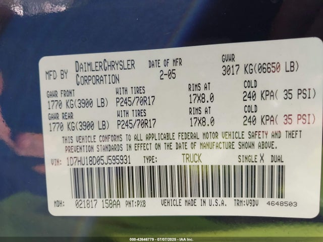Auction sale of the 2005 Dodge Ram 1500 Slt/laramie, vin: 1D7HU18D05J595931, lot number: 42646779