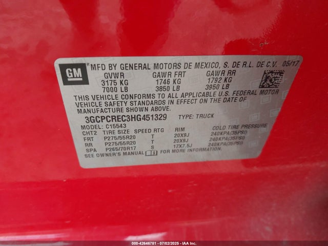 3GCPCREC3HG451329 Chevrolet l83 - sidi: spark ignited direct injection, vvt: variable valve timing, afm, e85 max, alum