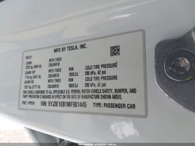 5YJ3E1EB1MF981445 Tesla MODEL 3