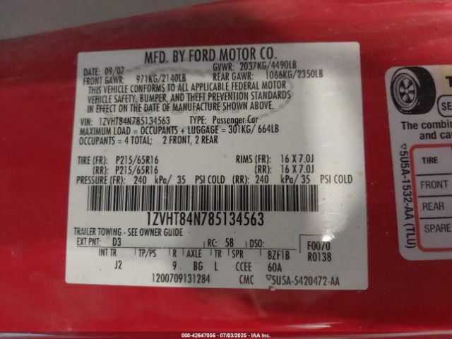 2008 FORD MUSTANG 1ZVHT84N785134563 Photo 8