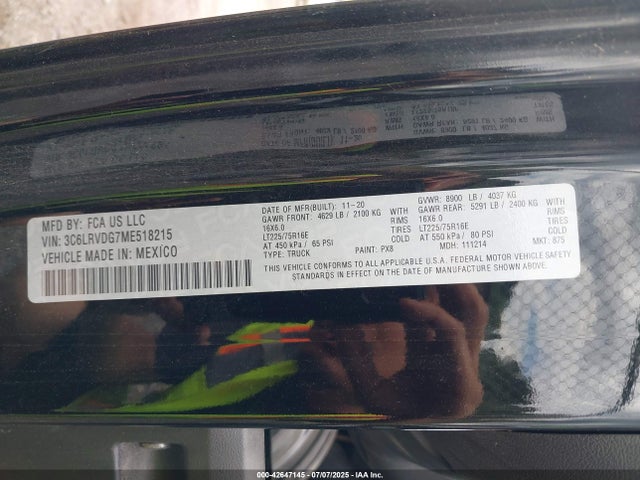 Продаж на аукціоні авто 2021 Ram Promaster 2500 High Roof 159 Wb, vin: 3C6LRVDG7ME518215, номер лоту: 42647145