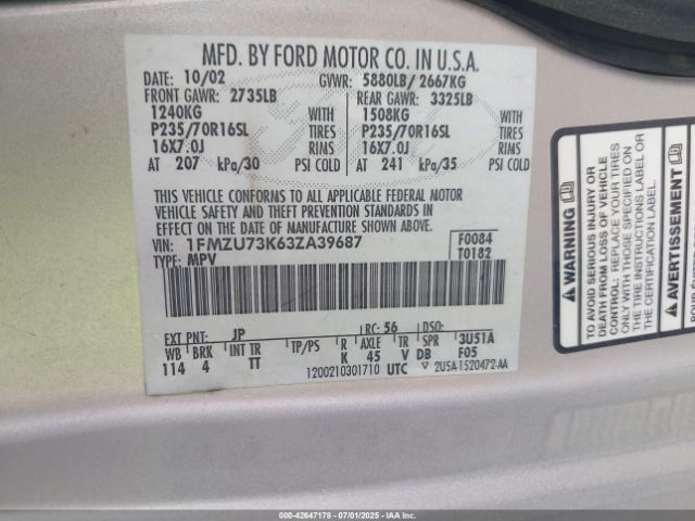 2003 FORD EXPLORER 1FMZU73K63ZA39687 Photo 8