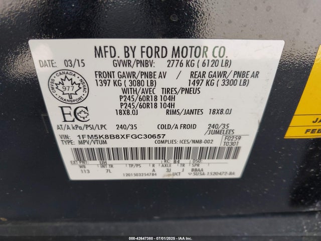 1FM5K8B8XFGC30657 Ford 2015