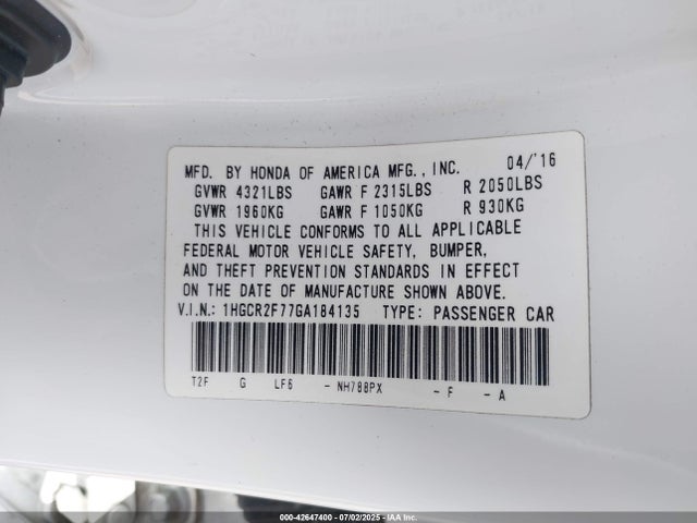 1HGCR2F77GA184135 Honda k24w1