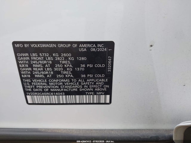 1V2DR2CA5RC614043 Volkswagen tsi