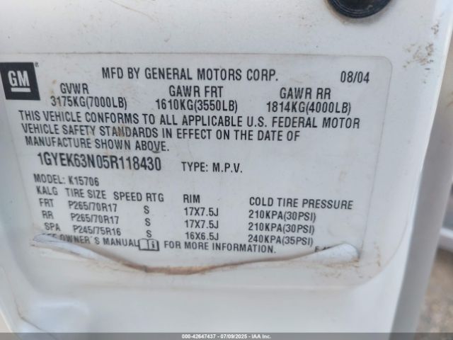 2005 CADILLAC ESCALADE 1GYEK63N05R118430 Photo 8