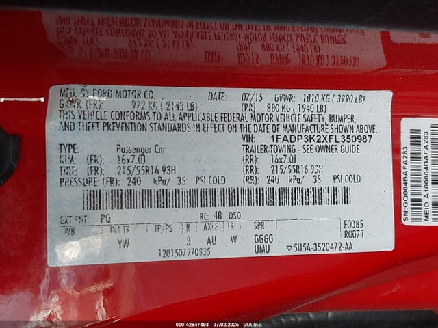 Ford 2015 2015 1FADP3K2XFL350987 Image 9