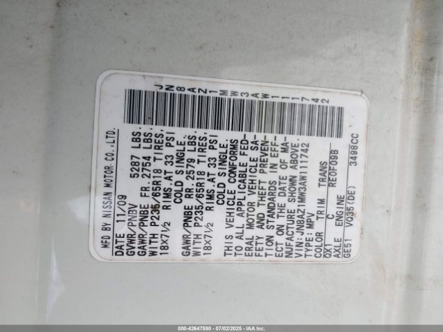 2010 NISSAN MURANO JN8AZ1MW3AW111742 Photo 8