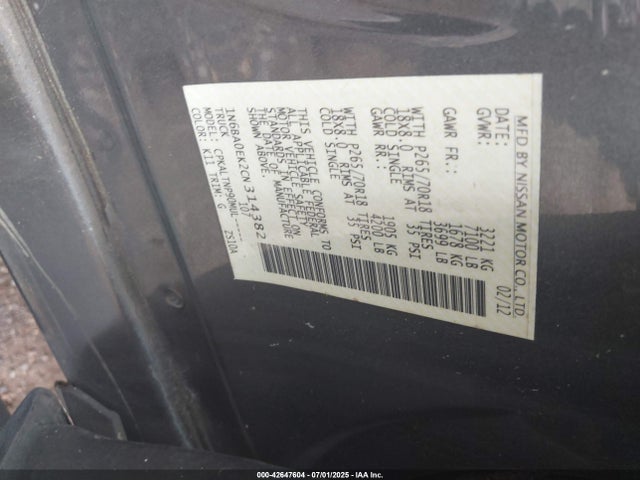 Продаж на аукціоні авто 2012 Nissan Titan Sv, vin: 1N6BA0EK2CN314382, номер лоту: 42647604