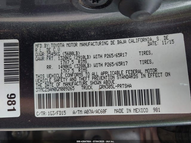 3TMCZ5AN0GM009265 Toyota 2gr-fks