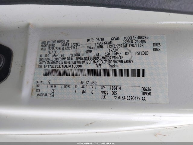 42647683 :رقم المزاد ، 1FTNE2EL1BDA18380 vin ، 2011 Ford E-250 Commercial مزاد بيع