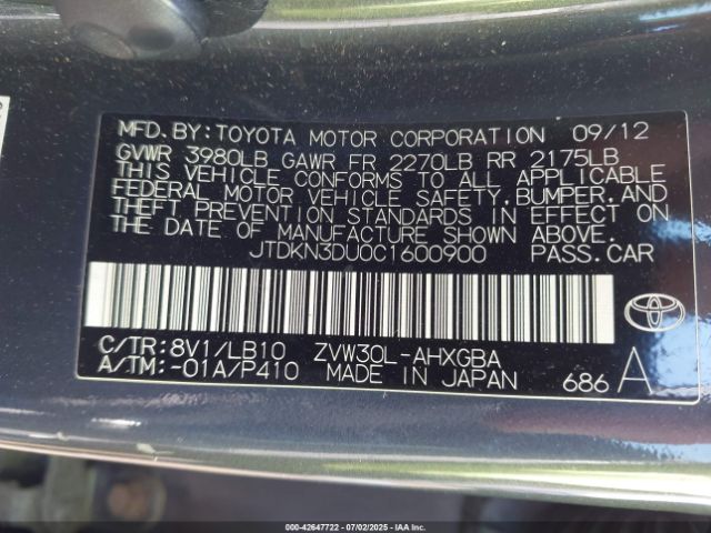 2012 TOYOTA PRIUS JTDKN3DU0C1600900 Photo 8